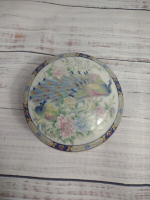 Vintage Asahi Japan Peacock Trinket Box Round Porcelain blue lotus flower