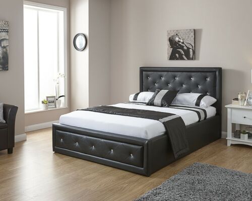 Crystal Storage Ottoman Bed Diamond White/Black Double Or King + Memory Mattress - Picture 1 of 4