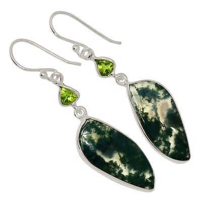 Natürlicher Moosachat - Indien & Peridot 925 Silber Ohrringe Schmuck ALLE-19142