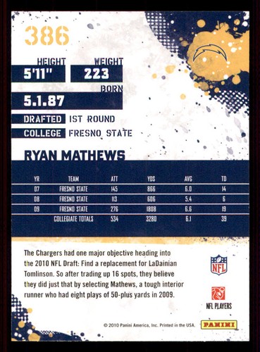 2010 Score #386 Ryan Mathews RC - Picture 2 of 2