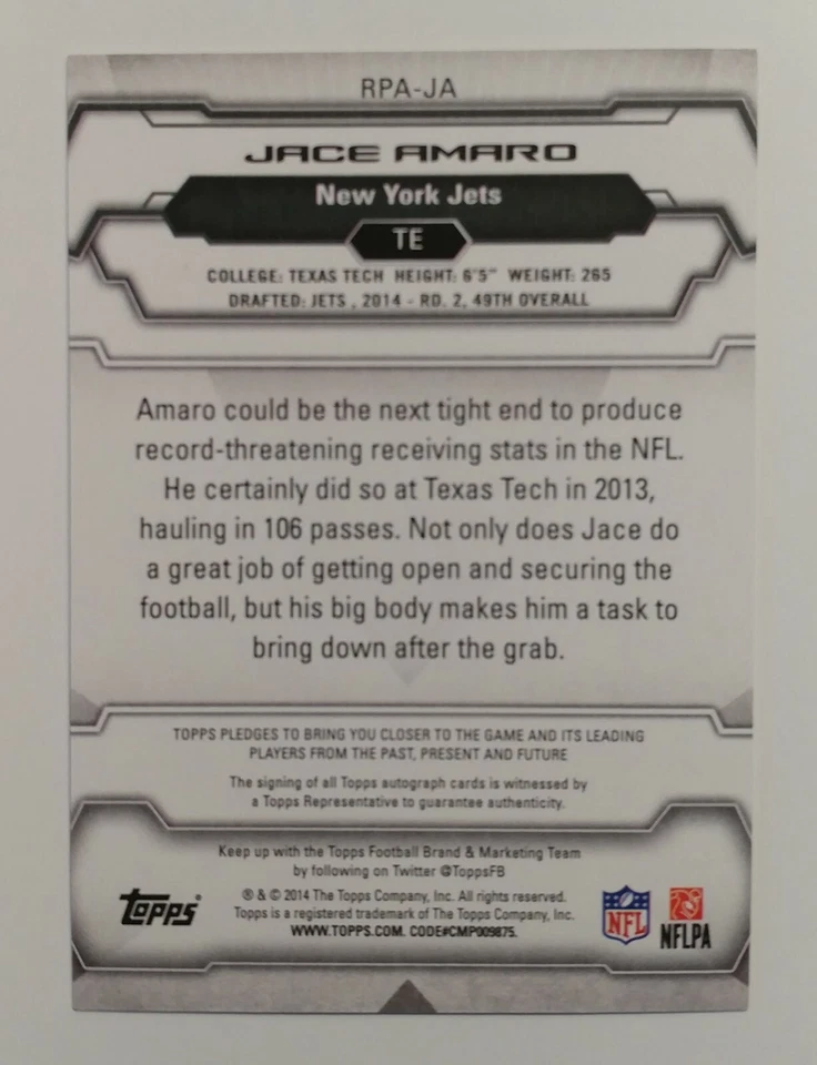 2014 Topps ROOKIE Premiere BLUE ON CARD AUTO JACE AMARO #RPA-JA 19/90 JETS - Image 2 of 2
