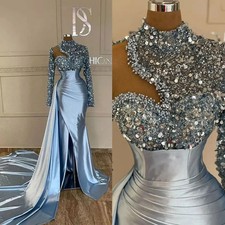 Shiny Sequined Mermaid Evening Dresses High Neck Beaded Peated Blue Party Gown