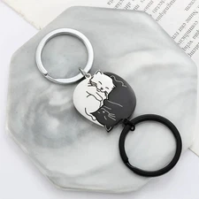 Couples Key Chains Ying Yang Cats Black & Silver NEW