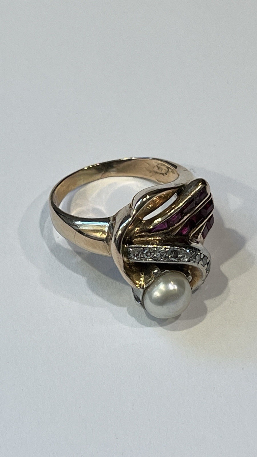 Vintage 14k Solid Yellow Gold Ruby Diamond Pearl … - image 2