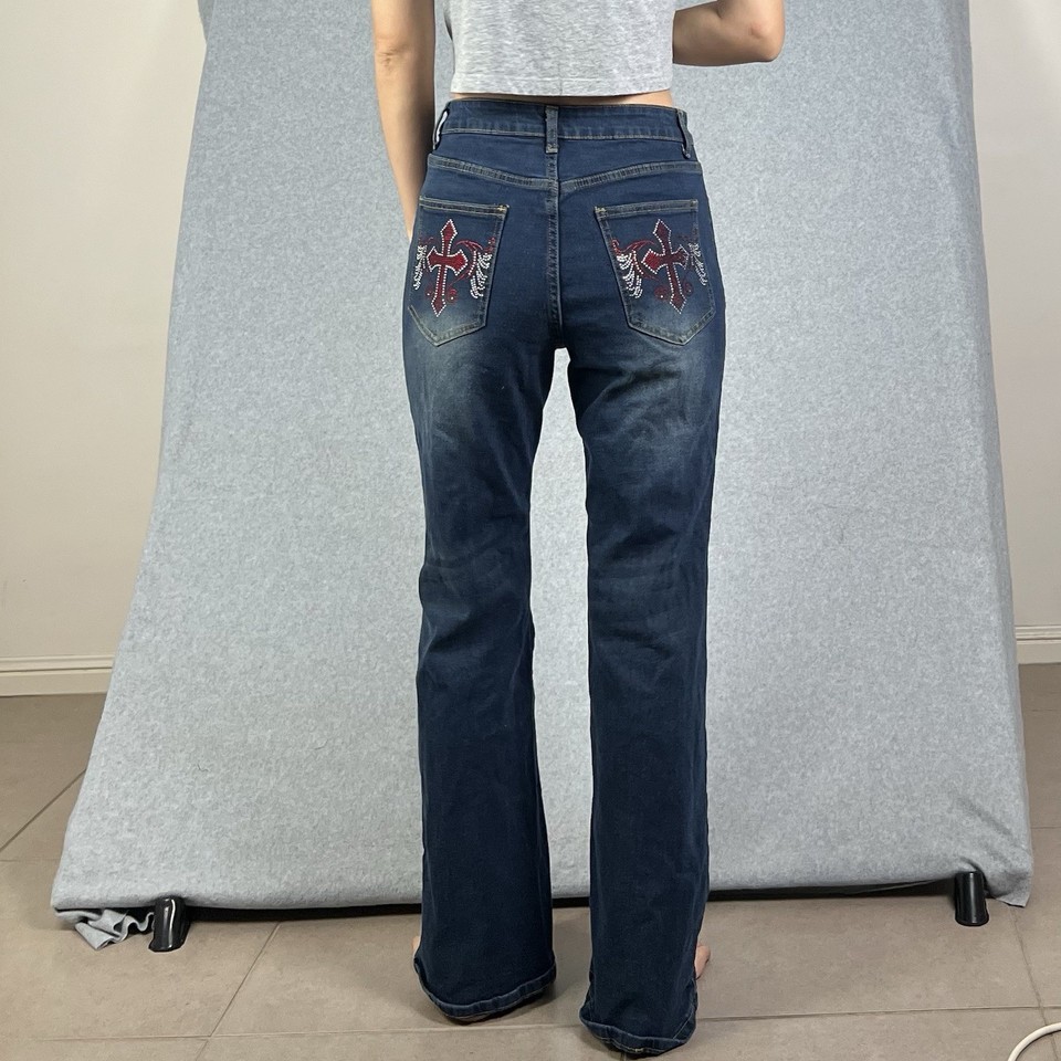 Romwe Flare Flared Jeans Womens L Blue Denim Rhinestone Cross Embellished Goth