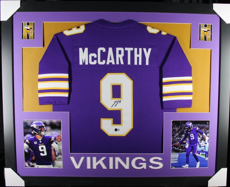 Vikings JJ McCarthy NFL signed framed jersey 35x43 Beckett COA
