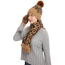 Winter Hat Scarf Gloves Set,Womens Leopard Cheetah Knit Warm Hat Beanie Long ...