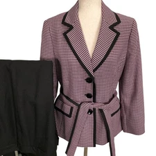 Le Suit Pantsuit Women 14 PInk Black Houndstooth Belted Classic Careerwear