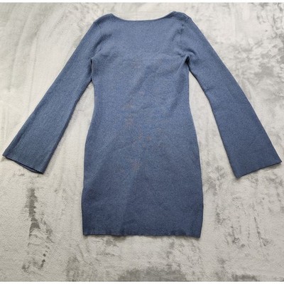 NEW H&M Divided Dress Size XL Blue Rib Knit Plunge Scoop Back Trumpet Sleeves