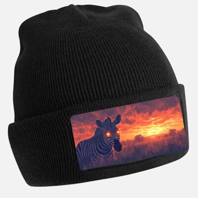 Black Beanie Hat with Cool Zebra Motif - Unisex Cap, Cotton