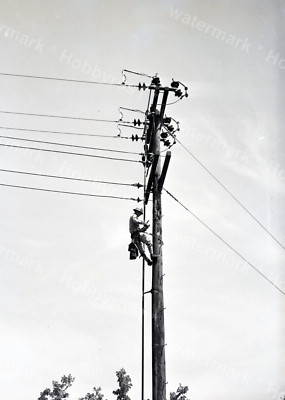 Power Lines Telephone Pole Electrician Worker 1960s Original 4x5 Photo Negative
