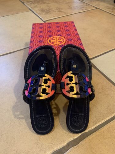 Tory Burch Sandals Miller Rainbow Logo Royal Navy Patent Size 4 EXCELLENT |  eBay