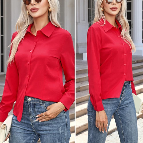 Damen Button Down Shirt Top Bluse Langarm Kragen Einfarbig Büro Arbeit Kleid - Bild 16 von 29
