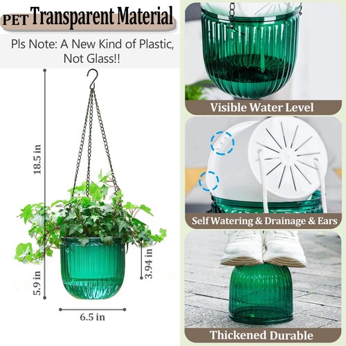 2 Pack Self Watering Hanging Planters Indoor Hanging Flower Pot 6.5 Inch Outdoor - Picture 6 of 6