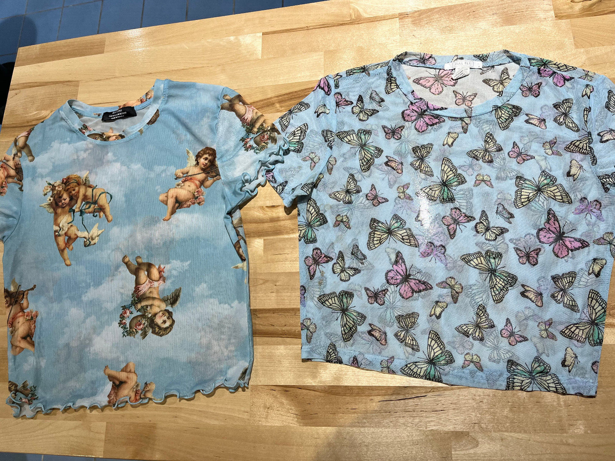 Full Tilt Bershka Light Blue BUTTERFLY CHERUB Design Mesh SS Crop Tops