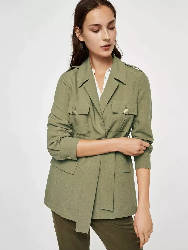 Mango Suit Military Inspired Light Olive Green Short Trench Coat Style Jacket; M
