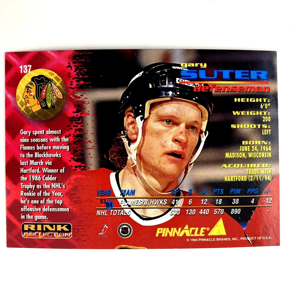 Gary Sutter 1994-95 Pinnacle Rink Collection Parallel #137 Chicago Blackhawks - Image 2 of 2