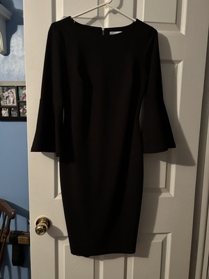 Calvin Klein Black Sheath Dress Bell Sleeves Crew Neck Zip Knee 