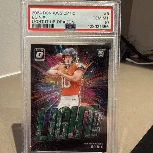 Bo Nix (RC) PSA 10 💎 Light It Up Dragon Prizm /24🔥2024 Donruss Optic!!