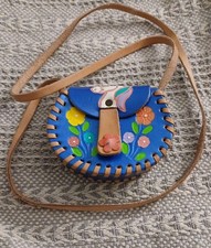 Vintage Blue Hand Tooled Leather Purse Young Girls Flowers and Unicorn. Mexico