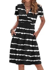 Black Dresses for Women V Neck Wrap Pockets, Black Wave Stripe M