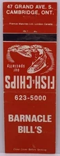 Barnacle Bill’s Fish & Chips, Cambridge Ontario, Matchbook Cover