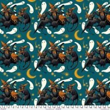 Free Spirit - Storybook Halloween - Turquoise - Cotton Fabric by the Yard