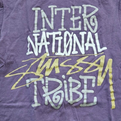 Stussy International Tribe Skateboard Surf T Shirt Purple Gold Medium Streetwear