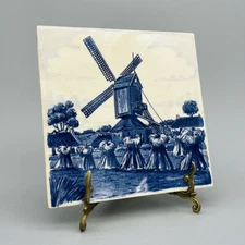 Vintage Blauw Delfts Blue Royal Distel Tile Windmill Haystacks Handpainted - 6x6
