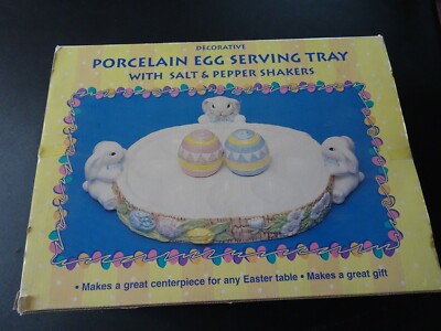 EASTER Porcelain Egg Serving TRAY w/ Salt & Pepper Shaker NEW Centerpiece