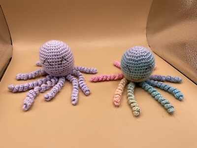 Set Of 2 handmade Crocheted Octopus Plush/dolls Purple/ Rainbow ￼Gently Used