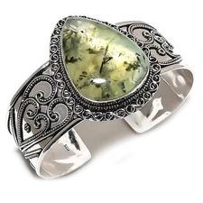 Moss Prehnite Gemstone Handmade 925 Sterling Silver Cuff Bangle Adjustable I120