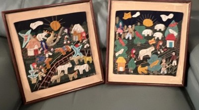 Lutis Martinez & Esmeralda Lopez Colombian Folk Art Framed Appliqué Tapestry Set