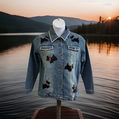 VTG Quacker Factory Denim Jacket Scottie Dog Pearl Embellished Womens Mediu