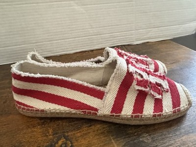 Tory Burch Fray Stripe Espadrille Flats Red White Canvas Logo Slip