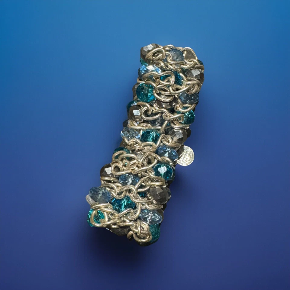Pulsera Dana Buchman Azul Vidrio Facetado Cristal Cuentas Tono Plata Ancho Elástico Foto 3 de 3