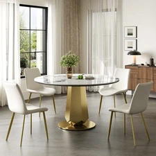 53" Sintered Stone Dining Set 4 PU Chairs Gold Base Compact Space 5-Piece