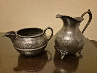 2 vintage small My Lady English hand hammered pewter jugs.