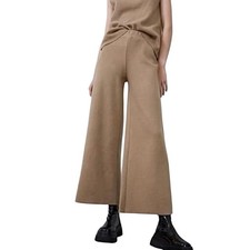 Zara Stretch Knit Wide Leg Pants Medium Light Brown Minimalist Lounge Scandi