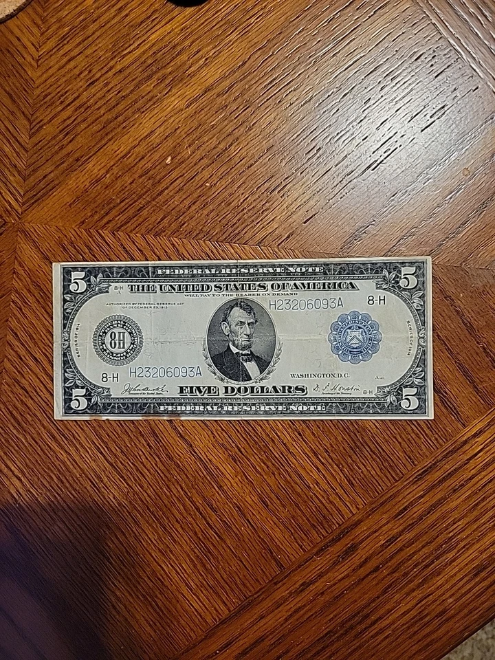 1914 $5 Federal Reserve Note. St. Louis. Stain At The Bottom  - Image 3 of 4