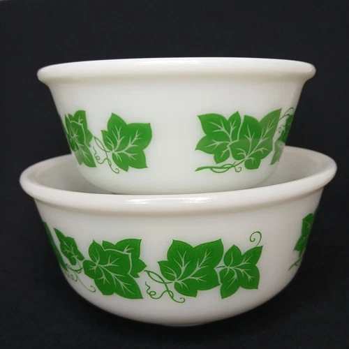 2 Vintage Hazel Atlas Ivy Pattern Nesting Mixing Bowls Milk Glass 8" & 7"