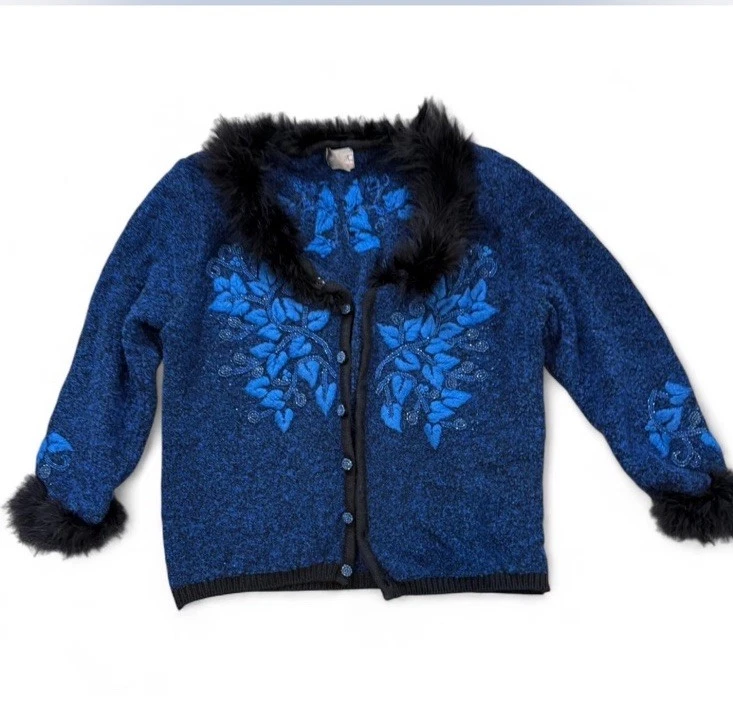 Suéter cárdigan vintage con ribete de piel Berek para mujer Foto 2 de 4