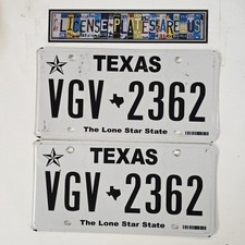 Texas License Plate Pair 🔥FREE📬🔥 Lone Star State Matching TX Tags VGV 2362