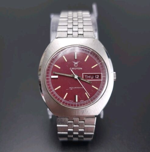 Orologio Svizzero Vintage Crotone Borgogna Acquamatico Data Giorno Acciaio Inox LEGGI