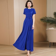 Women's Summer Temperament Casual Long Blue Dress Belted Crew Neck A-line Office