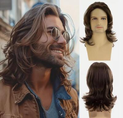 Long wig Amazon.com : Baruisi Long Curly Wavy Brown Wigs for Men  main image 4