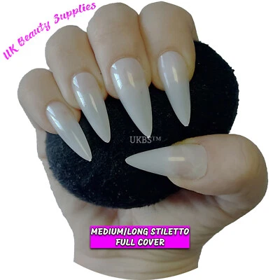UK BEAUTY SUPPLIES 500 Medium/Long Stiletto NATURAL Full Cover Press On Acrylic False Nails Tips UK