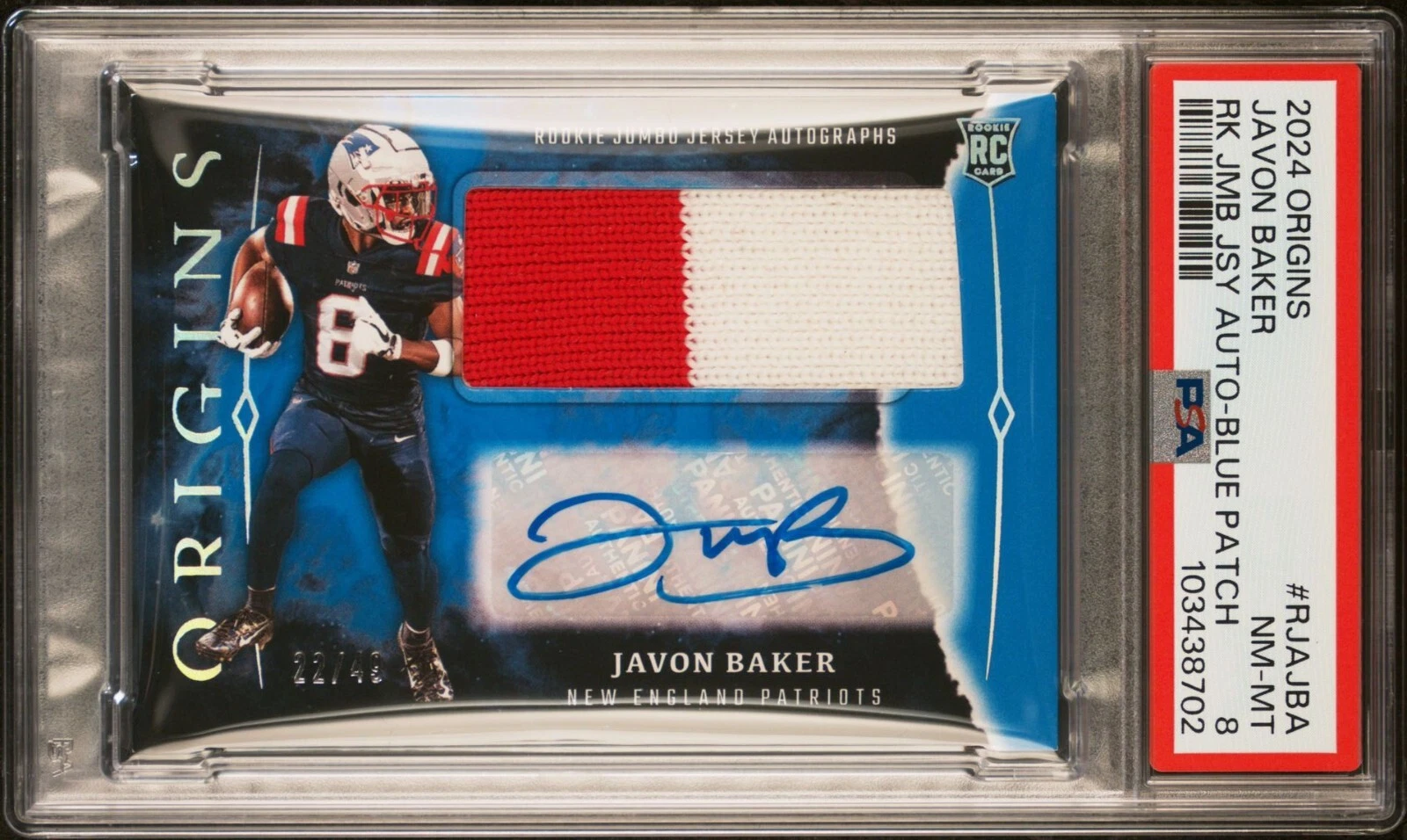 Javon Baker Panini Origins Rookie Jumbo Jersey Autographs #RJAJBA Blue Patch