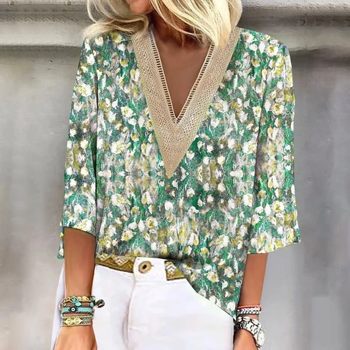 Damen Freizeit Boho Blumen V-Ausschnitt 3/4 Ärmel lose Blusen Shirts Sommer Tops - Bild 10 von 25