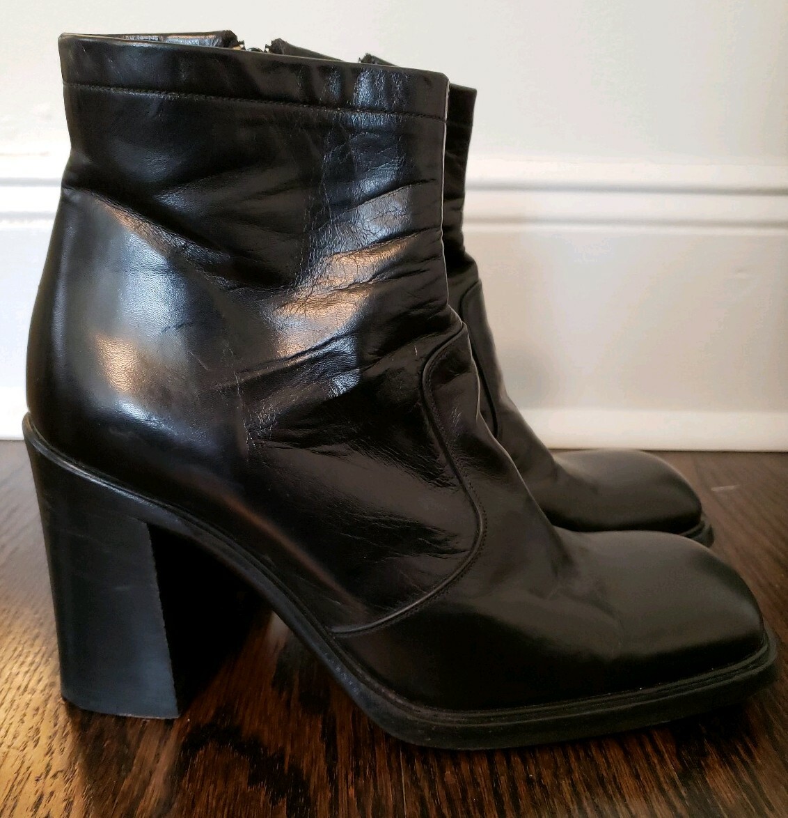 GIANNI BARBATO VINTAGE BLACK LEATHER ROUNDED SQUARE TOE CHUNKY